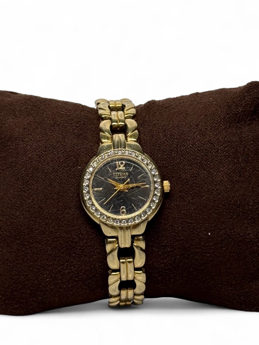 VTG Citizen Quartz Gold Tone Black Dial Gem-Set Rhinestone Bezel Dress Watch